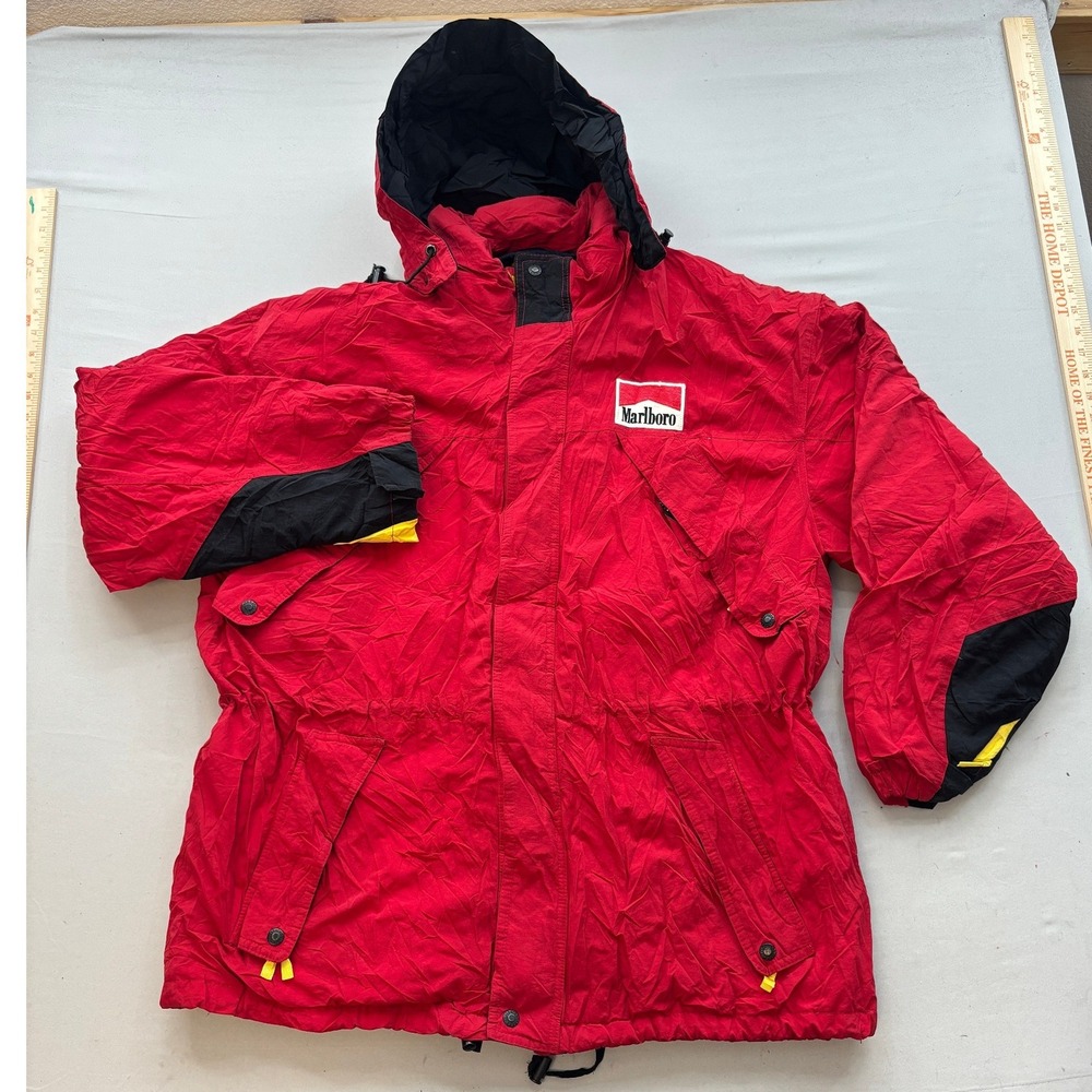 Vintage Marlboro Country Store Red Duck Down Hooded Parka Jacket Mens XL Korea